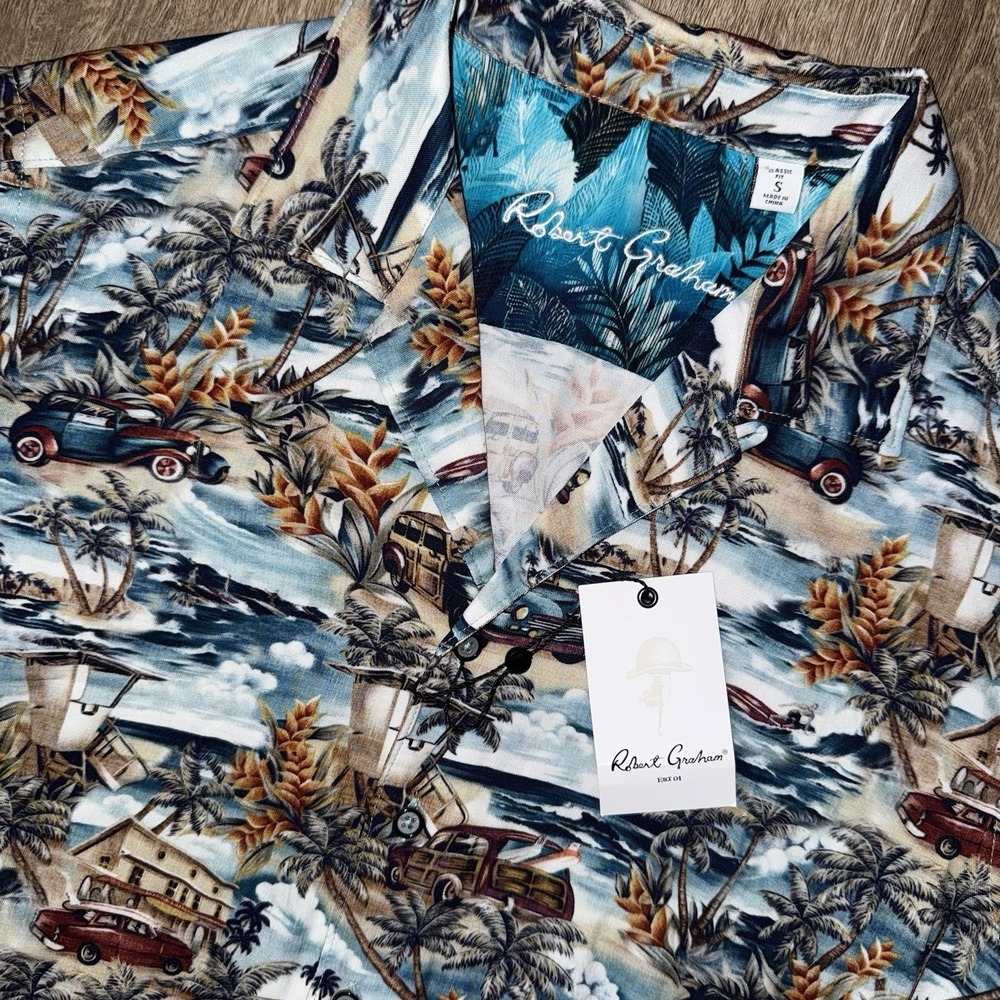 NWT Robert Graham Get Away Camp Collar Short Sleeve Shirt Men's Small Beaches